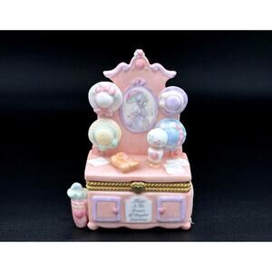 Victorian Precious Moments Trinket Box –Pastel Vanity Dresser with Hats & Mirror